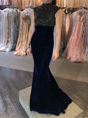 Sherri Hill Couture Navy Velvet & Slate Grey Beaded High-Neck Gown